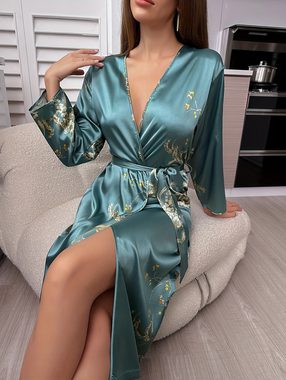 Elegant Love Morgenmantel Negligee Blumendruck Langarm-Pyjama mit V-Ausschnitt und Gürtel, Satin-Nachtgewand, Nachthemd, Schlafbekleidung, Gürtel, sexy Nachtwäsche für Frauen, Dessous für Damen