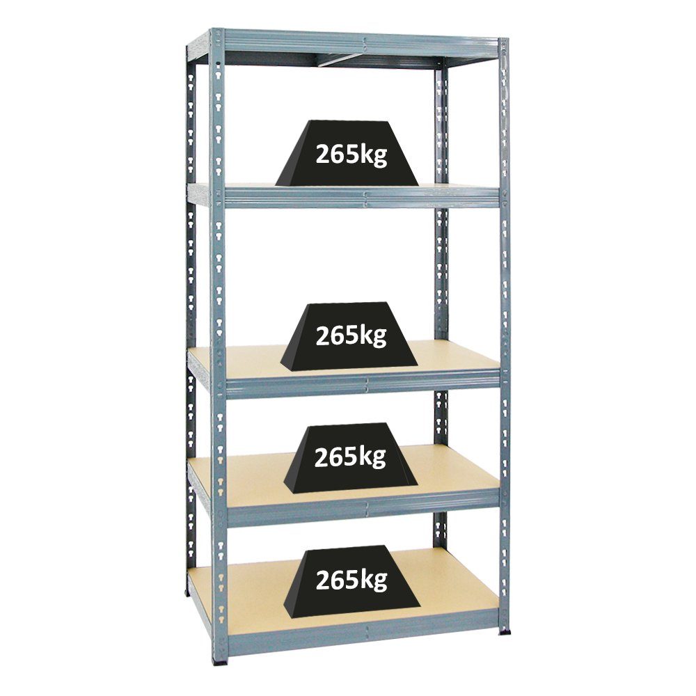 PROREGAL® Schwerlastregal Robustes Lagerregal TIGER 180x90x60cm Fachlast 265kg 5 Ebenen Grau, Stabiles Garagenregal Kellerregal Lastenregal Lagerregal Steckregal