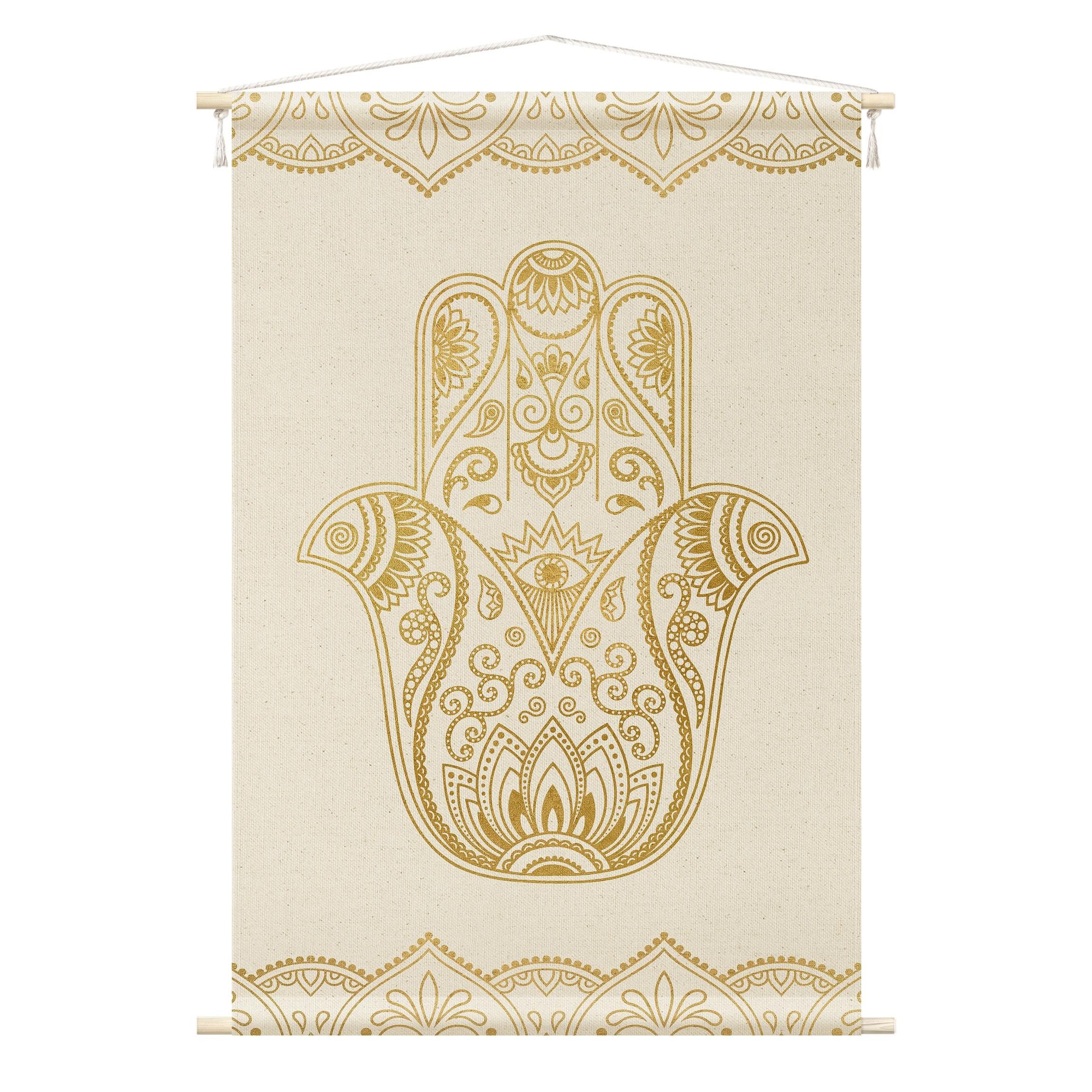 Bilderdepot24 Wandteppich modern Mandala Ornamente Orientalisch Spirituell gold, rechteckig, Höhe: 2.6 mm, großes Wandbild aus Natur-Baumwolle Wandbehang Stoffbild Tuch Wollseil