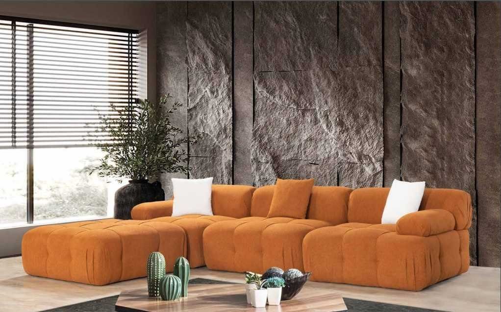 JVmoebel Ecksofa Oranges L-Form Sofa Wohnzimmer Luxus Couch Ecksofa Holz Textil Möbel