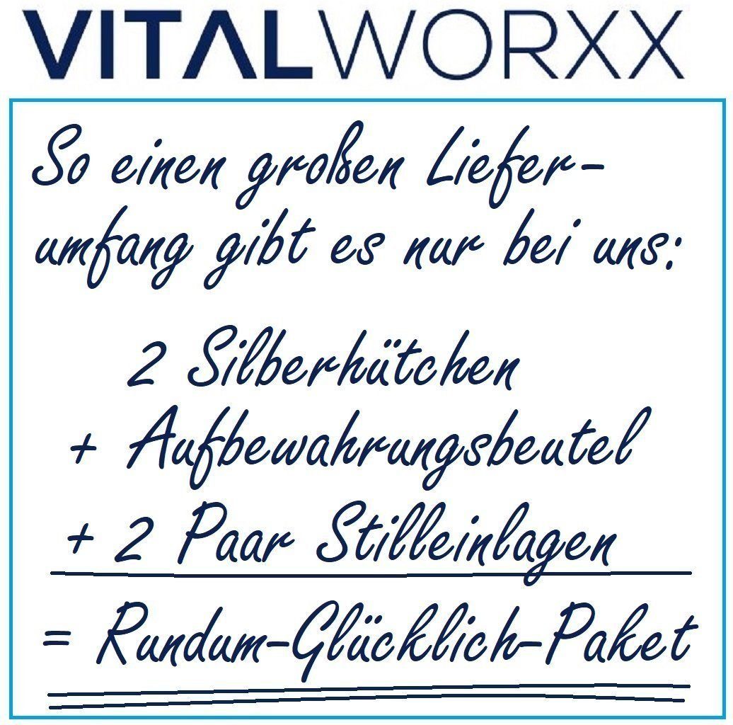 VITALWORXX Stillhütchen 2 Stück Silberhütchen - schnelle Hilfe bei empfindlichen Brustwarzen (Komplett-Sorglos-Paket), massives 999-er Feinsilber (Sterlingsilber)