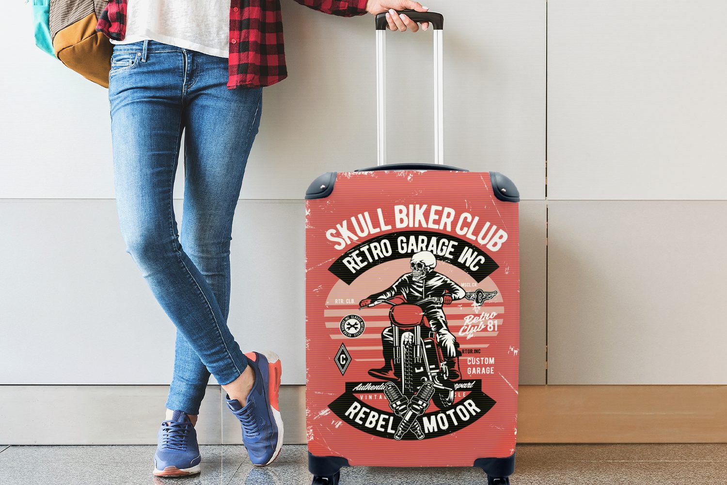 - Reisetasche Reisekoffer rollen, - Ferien, Zitat, Handgepäck Vintage Trolley, Handgepäckkoffer für Rollen, MuchoWow Totenkopf mit 4 Motorrad -