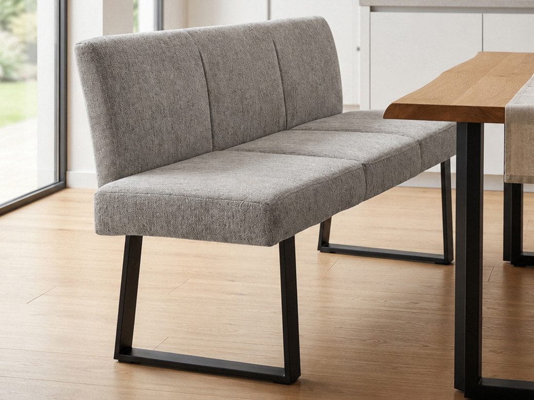 Beautysofa Essbank VELTO – moderne Küchenbank und Esszimmerbank (gepolsterte Rückenlehne, schwarze pulverbeschichtete Metallkufen), 164 cm breit