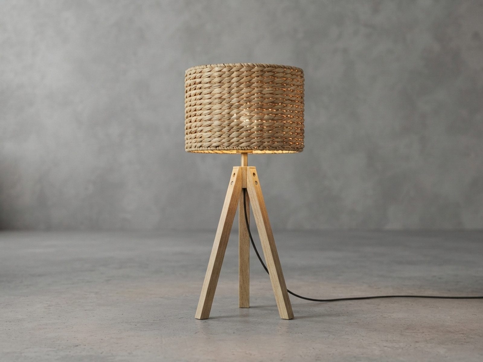 meineWunschleuchte Tischleuchte mit Holz & Wasserhyazinthe, Höhe 57cm, ohne Leuchtmittel, große Boho Tischlampe skandinavisch mit Holzfuß & E27 Korb Schirm – Bild 3 von 5