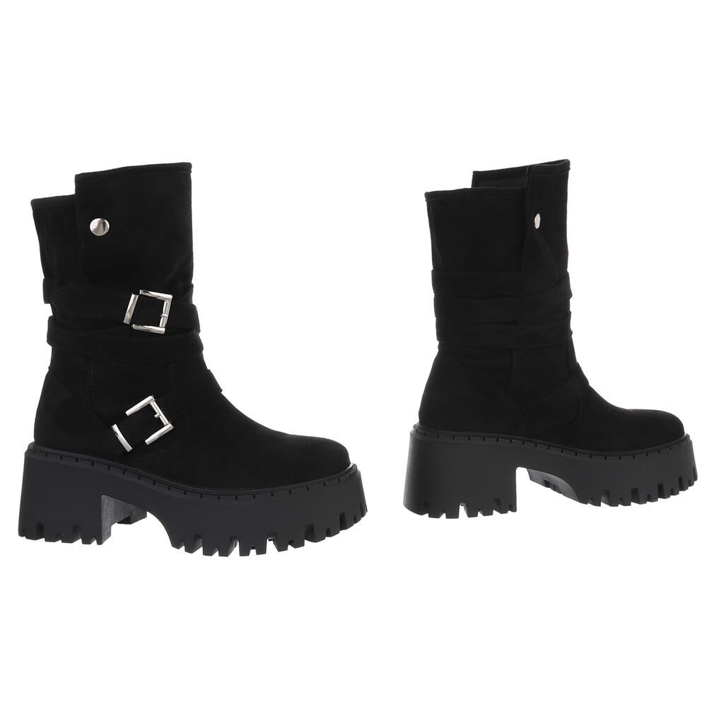 Ital-Design Modische Damen Stiefeletten mit Schnallen und Profilsohle Plateaustiefel (90169584) Blockabsatz Stiefel in Schwarz – Bild 4 von 5