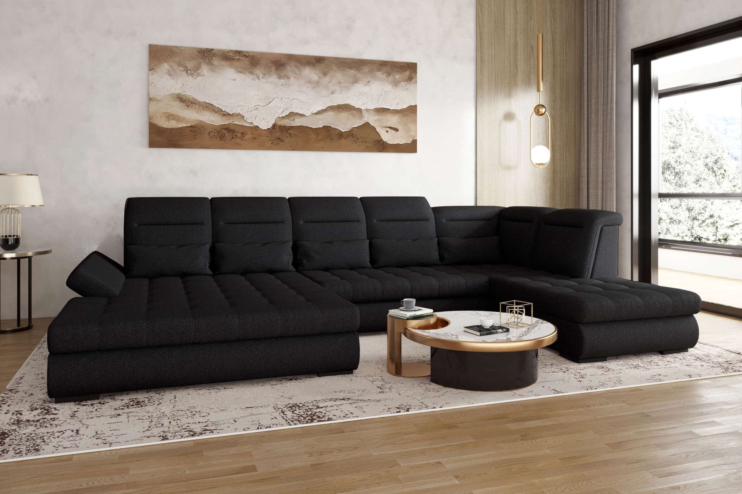 99rooms Wohnlandschaft Toscana, Sofa, U-Form, Rundumbezug aus Strukturstoff NEVE, mit Schlaffunktion