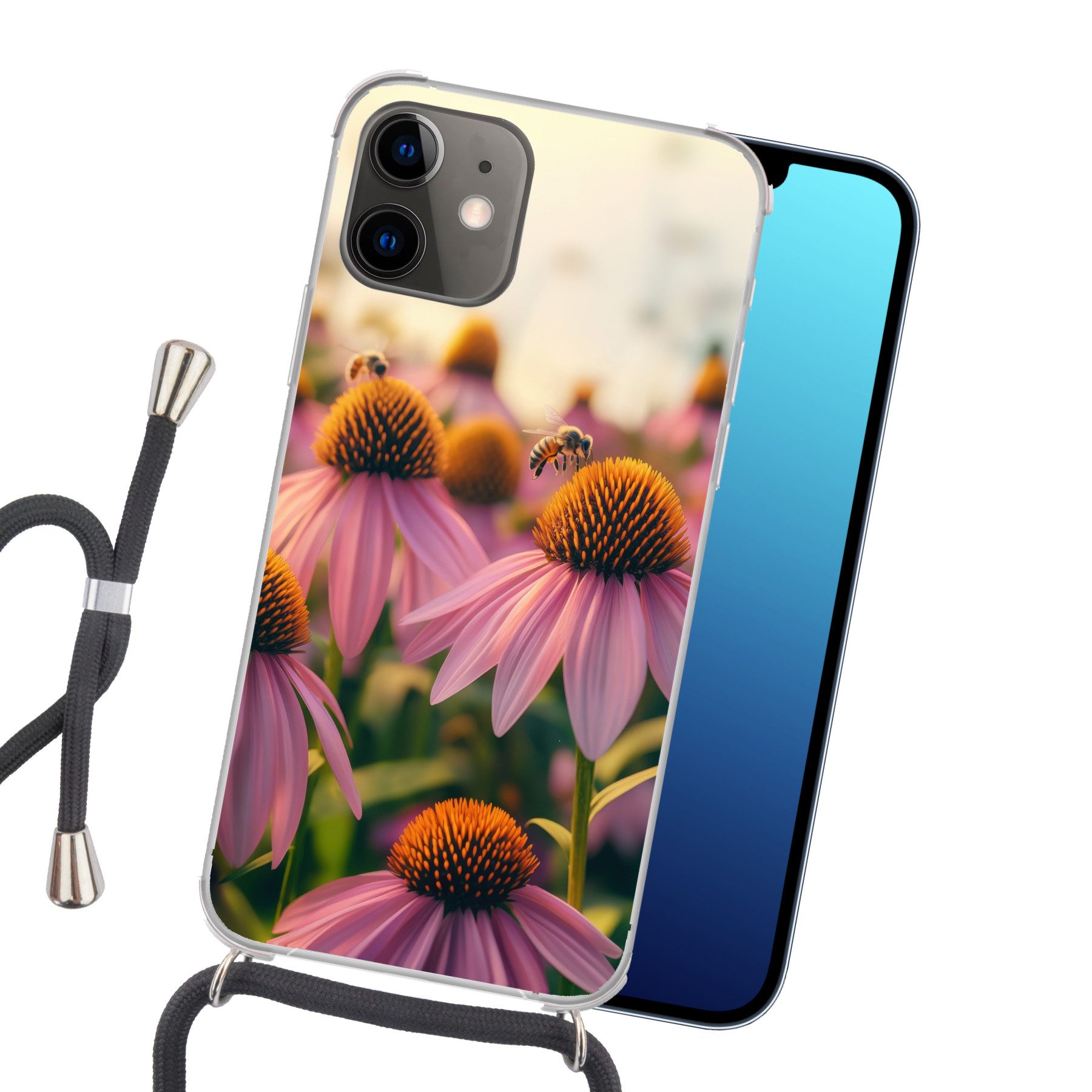 MuchoWow Handyhülle für Apple iPhone 11 Blumen - Lila - Bienen, Tragbare Handyhüllen mit Kette zum umhängen, Handykette Handyband