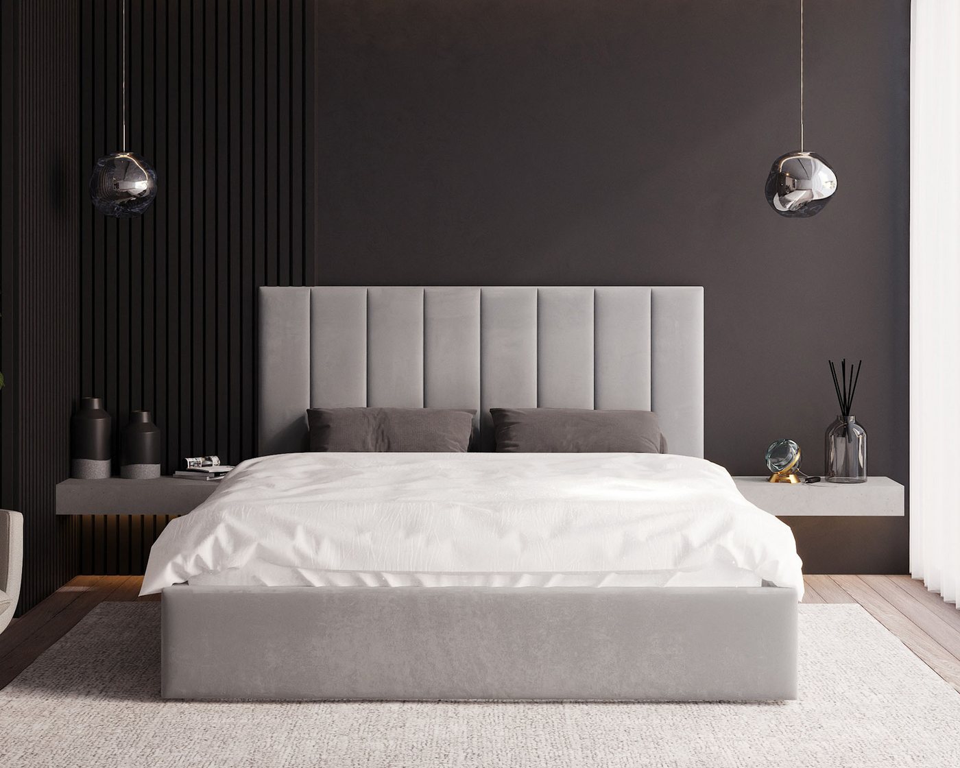 thematys Polsterbett 120x200–180x200 cm – Samt Velours Bett mit Bettkasten & Lattenrost (Optional mit 23 cm Taschenfederkern-Matratze H2, hydraulisches Stauraumbett)