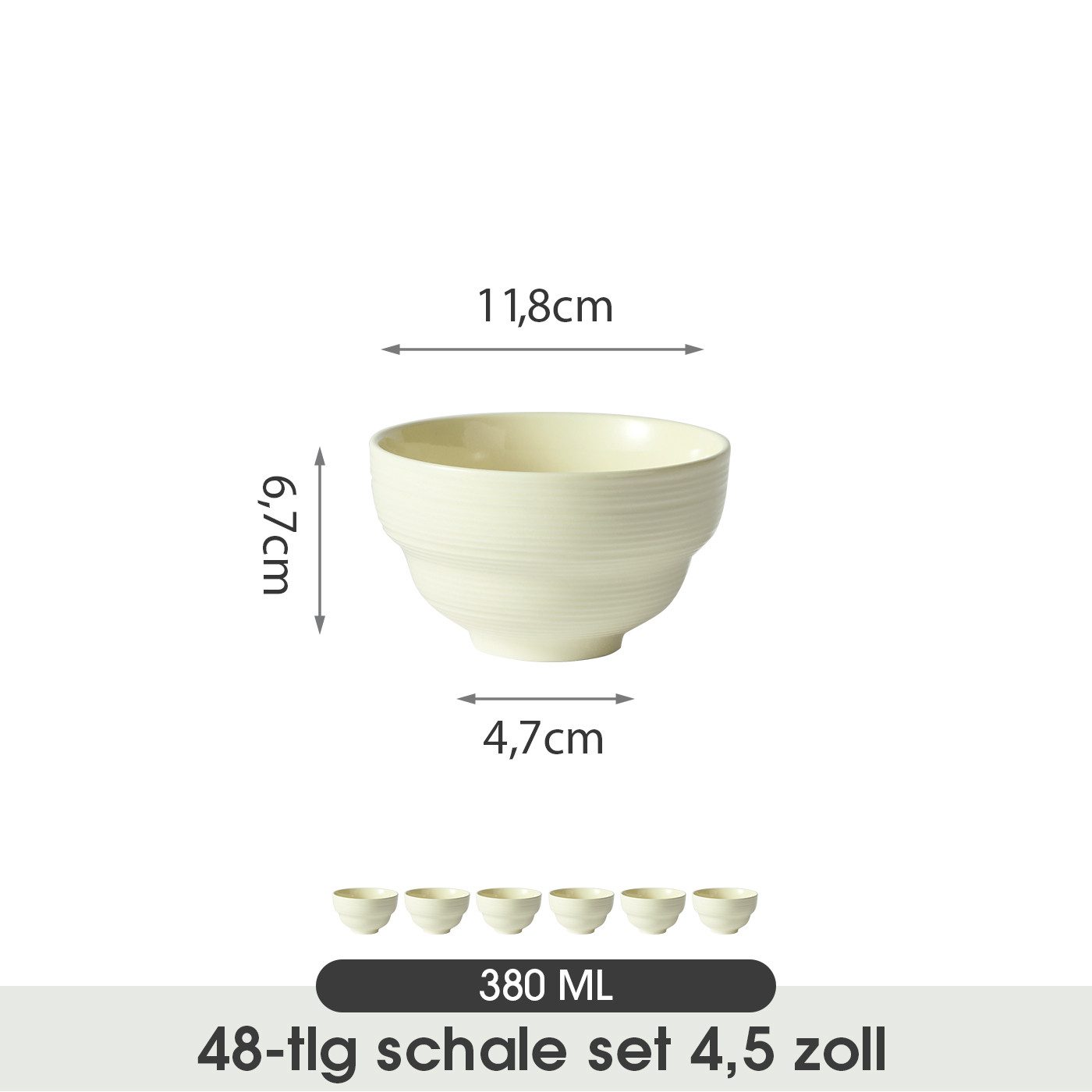 JIWOO Müslischale 6er Ø11,8cm, Dessertschale Eisschale Suppenschale Snackschale Schale, Keramik, (Set, 48-tlg), Porzellan Hochwertiges Schalen Weiß Mikrowellenofen Spülmaschine