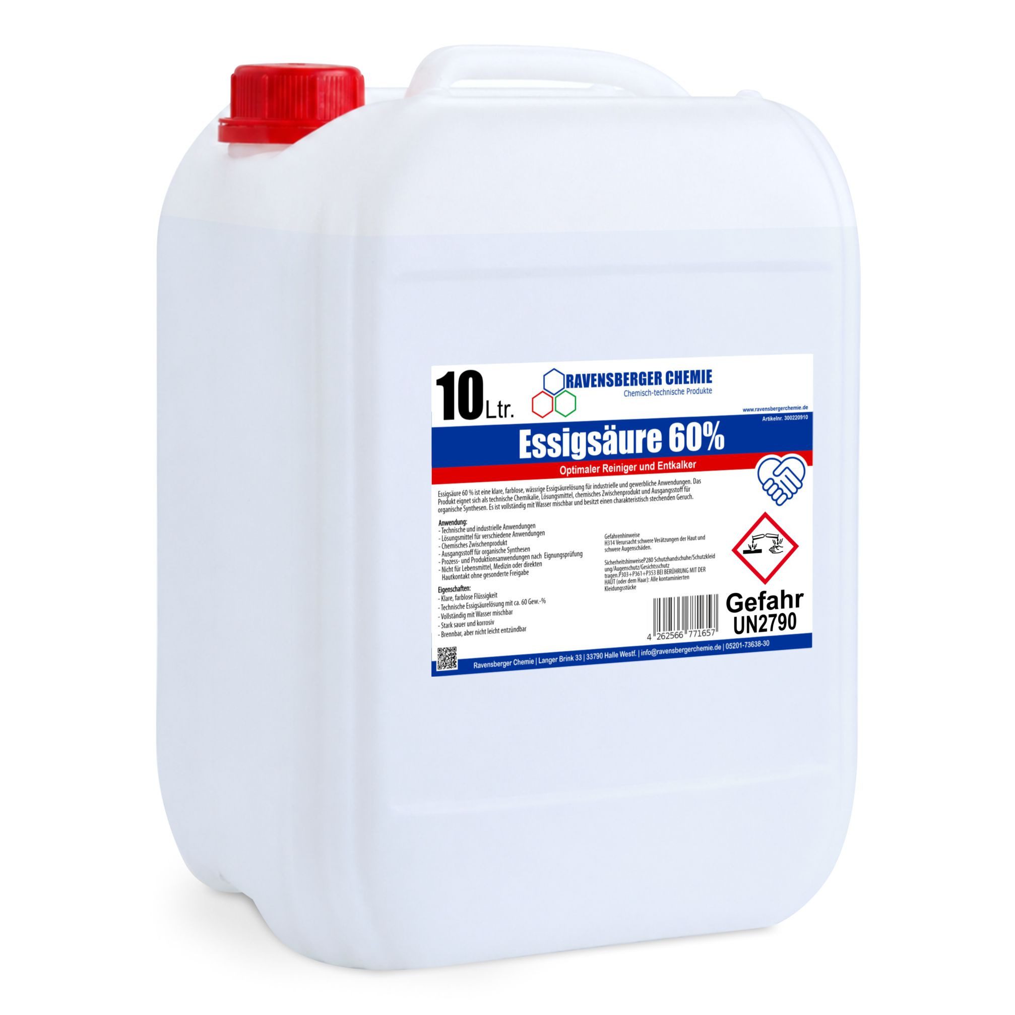 Ravensberger Chemie Essigsäure 60% - für Haushalt, Garten & Industrie Essigreiniger (1-St. 10L Essigsäure 60 % – Konzentrierter Reiniger und Entkalker)