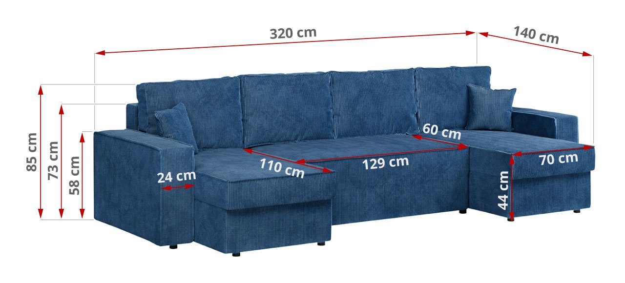 Couch Schlaffunktion mit U Ecksofa MÖBEL Polstersofa - U, Bettsofa, - MKS DENVER Form