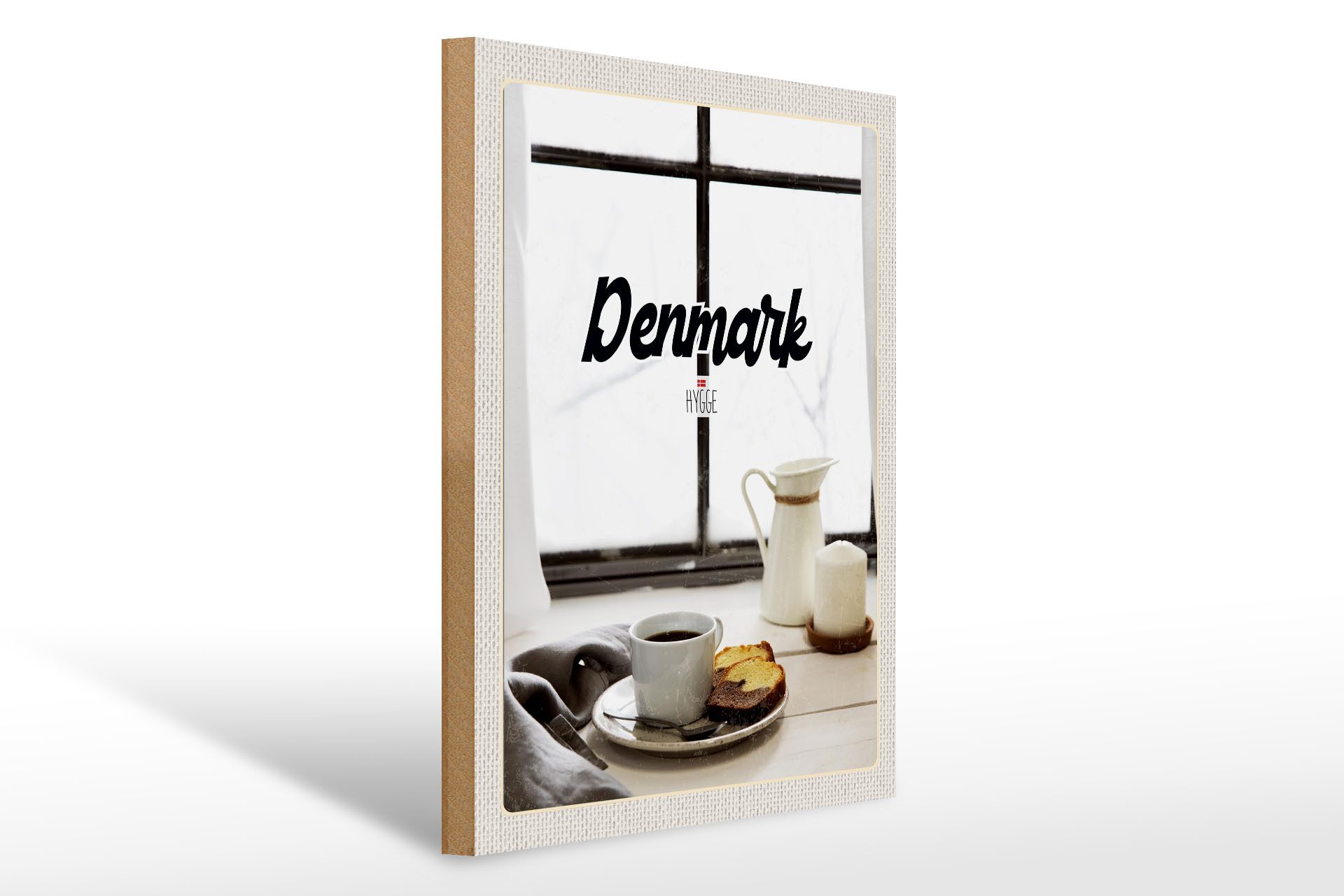 Holzbild Reise 30x40cm Dänemark Kaffee und Kuchen Fenster