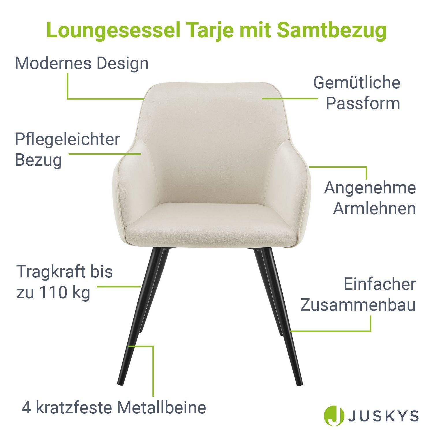 Juskys Loungesessel Tarje 6er weiche Sand Sand, Metallbeinen Samtbezug, Set Sand | Polsterung, kratzfesten