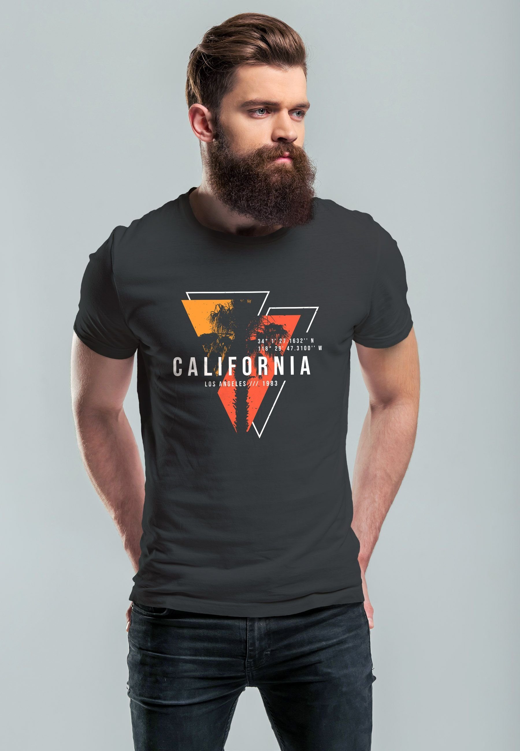 Print California mit Surfing anthrazit-gelb USA Angeles Print-Shirt Fashion Los Neverless T-Shirt Sommer Motiv Herren