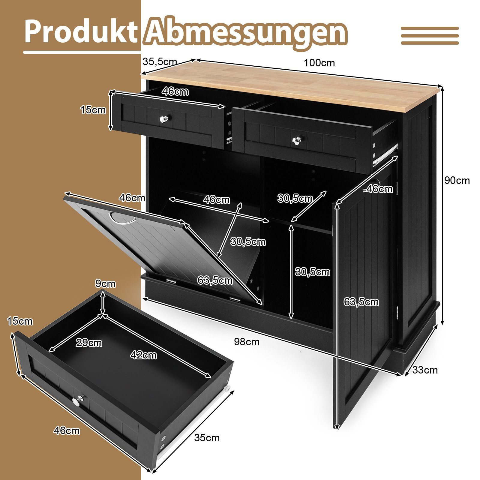 COSTWAY Kommode, für 40L Mülleimer, mit Arbeitplatte, Schublade 100x35,5x90cm