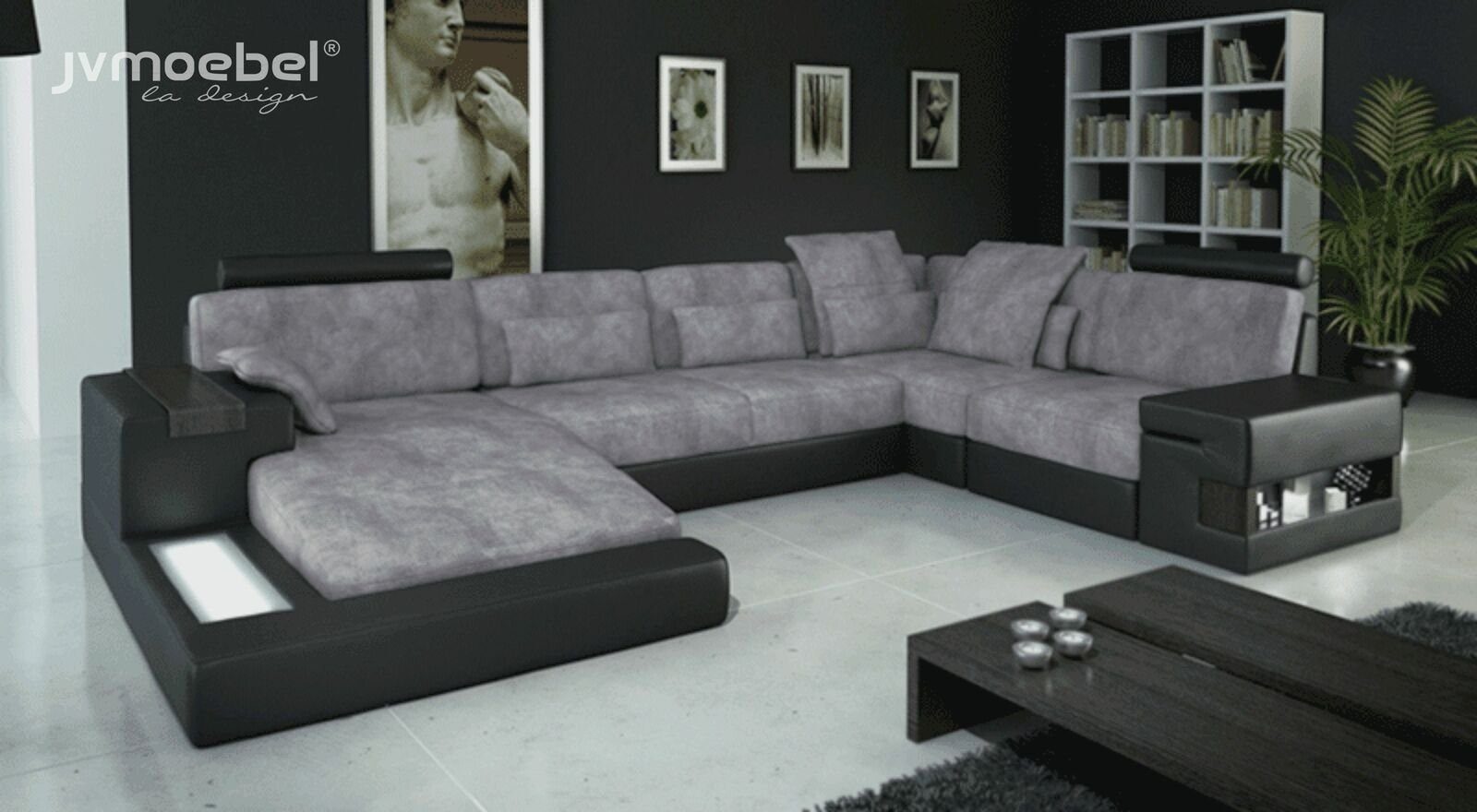 JVmoebel Ecksofa, Moderne Textil Sofa U-Form Möbel mit Bett Funktionen Stauraum Grau NEU