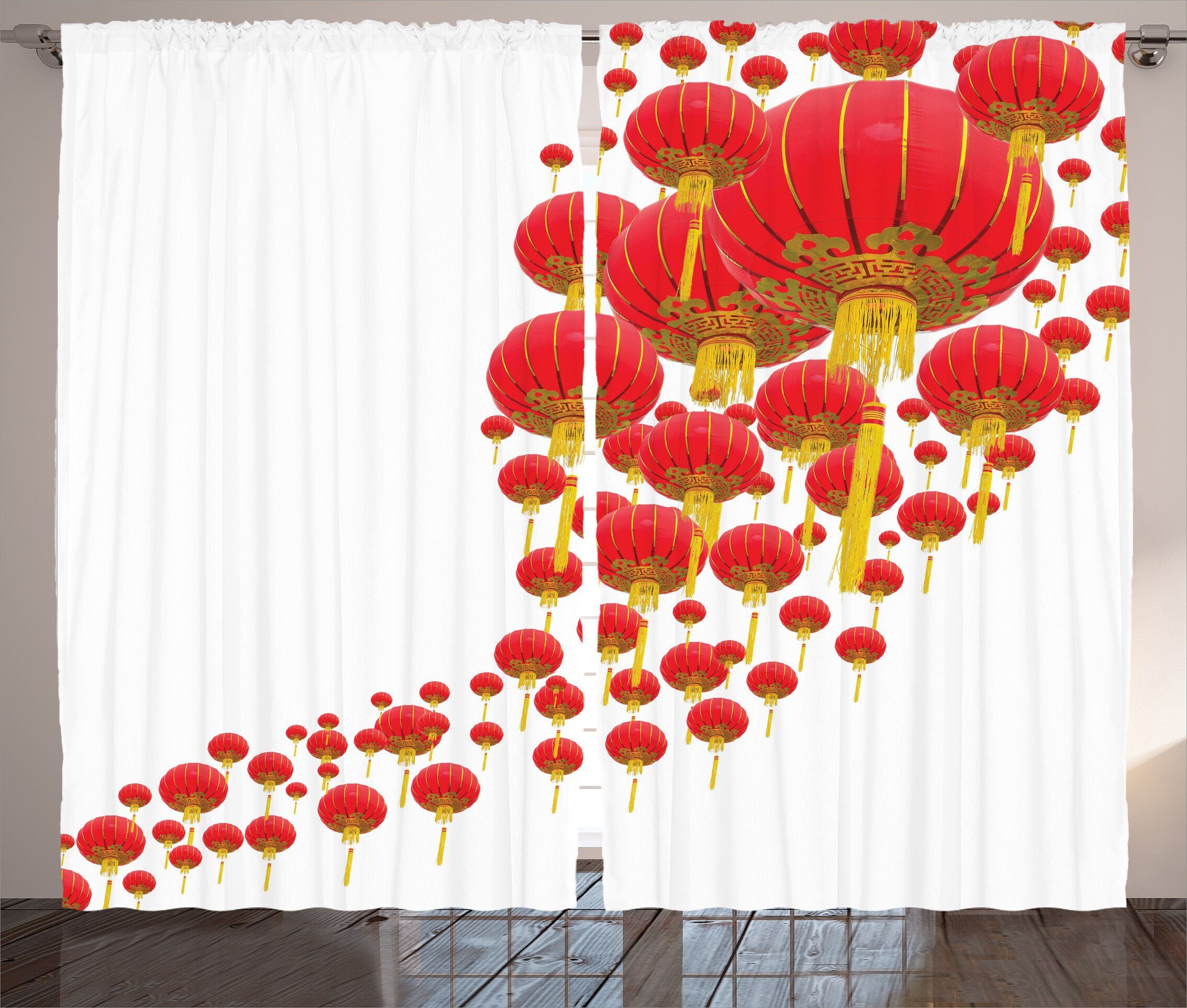 Gardine Schlafzimmer Kräuselband Vorhang mit Schlaufen und Haken, Abakuhaus, asiatisch Chinesische Laternen in Himmel