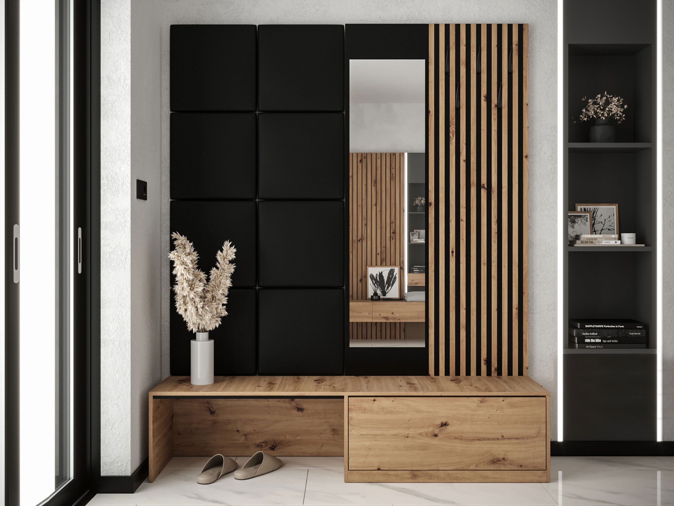 MIRJAN24 Garderoben-Set Premium, (Komplett-Set, Schuhschrank, Spiegel, Lamellen mit Kleiderhaken + Paneel 42x42), Griffloses Öffnungssystem