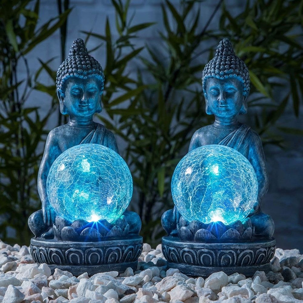 Haushalt International LED Solarleuchte, LED-Leuchtmittel fest verbaut, Farbwechsel, LED Solarleuchte Außenlampe Buddha Figur mit crackle Glaskugel 2er Set