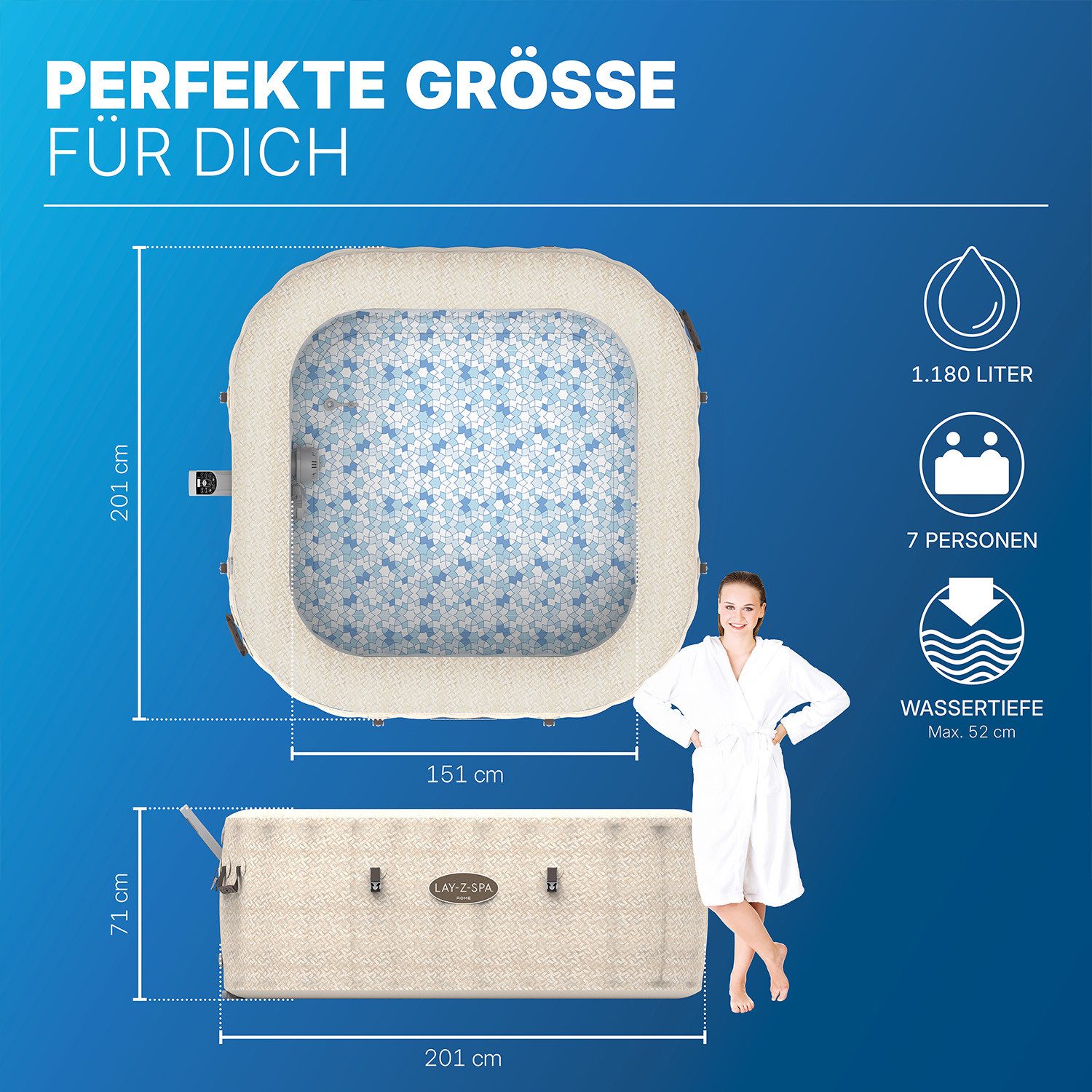 Bestway Whirlpool LAY-Z-SPA® Rome AirJet™, (Set, Inkl. App-Steuerung, für max. 7 Personen), 201 x 201 x 71 cm