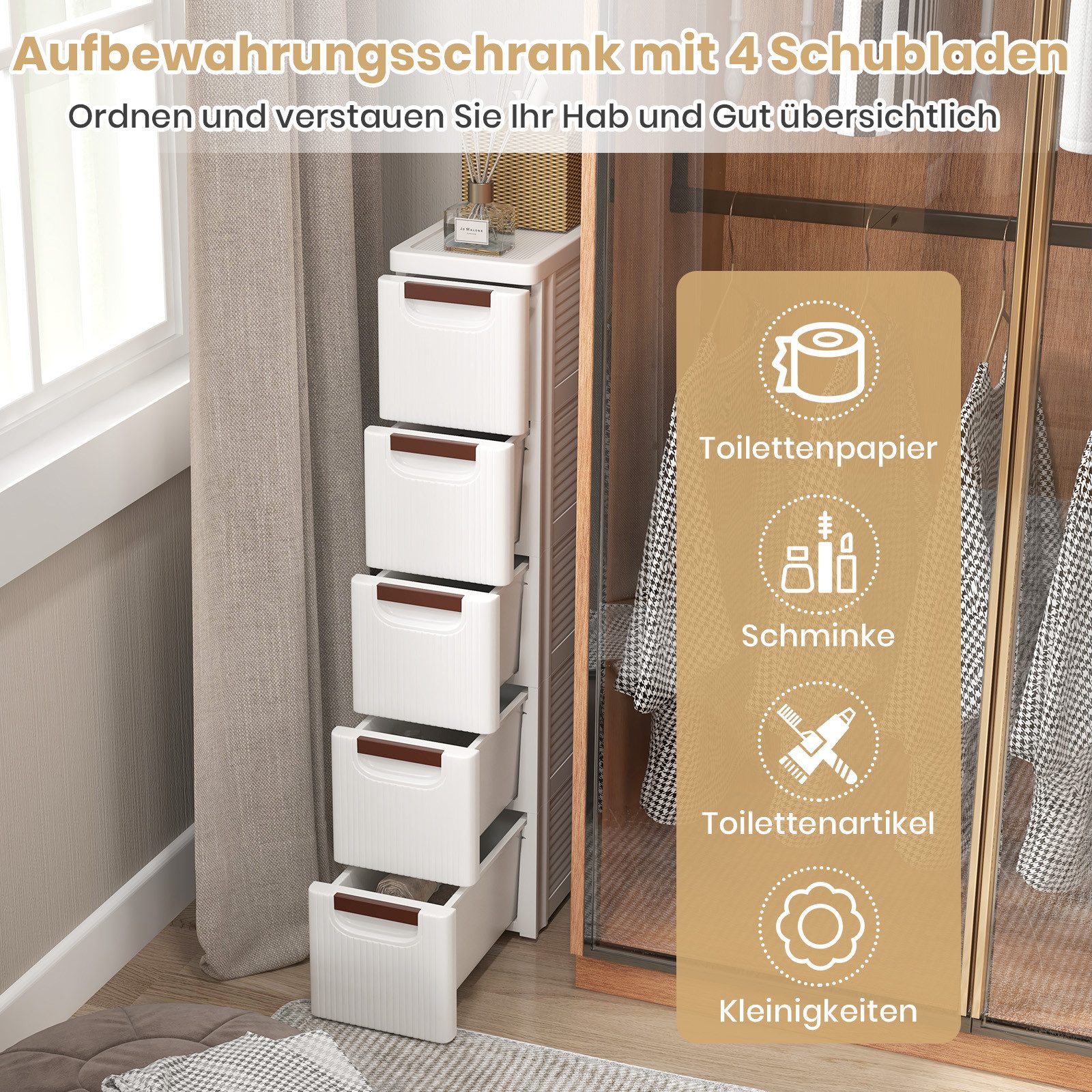 KOMFOTTEU Sideboard, Nischenschrank schmal, Badschrank mit Schubladen & Rollen