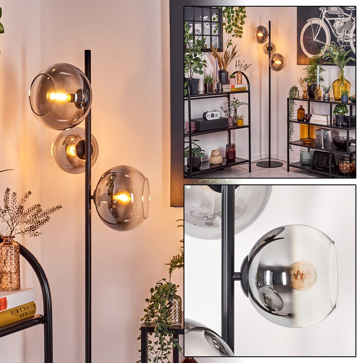 Stehlampe Stehlampe aus Metall/Glas in Schwarz/Rauchfarben/Klar mit Fußschalter