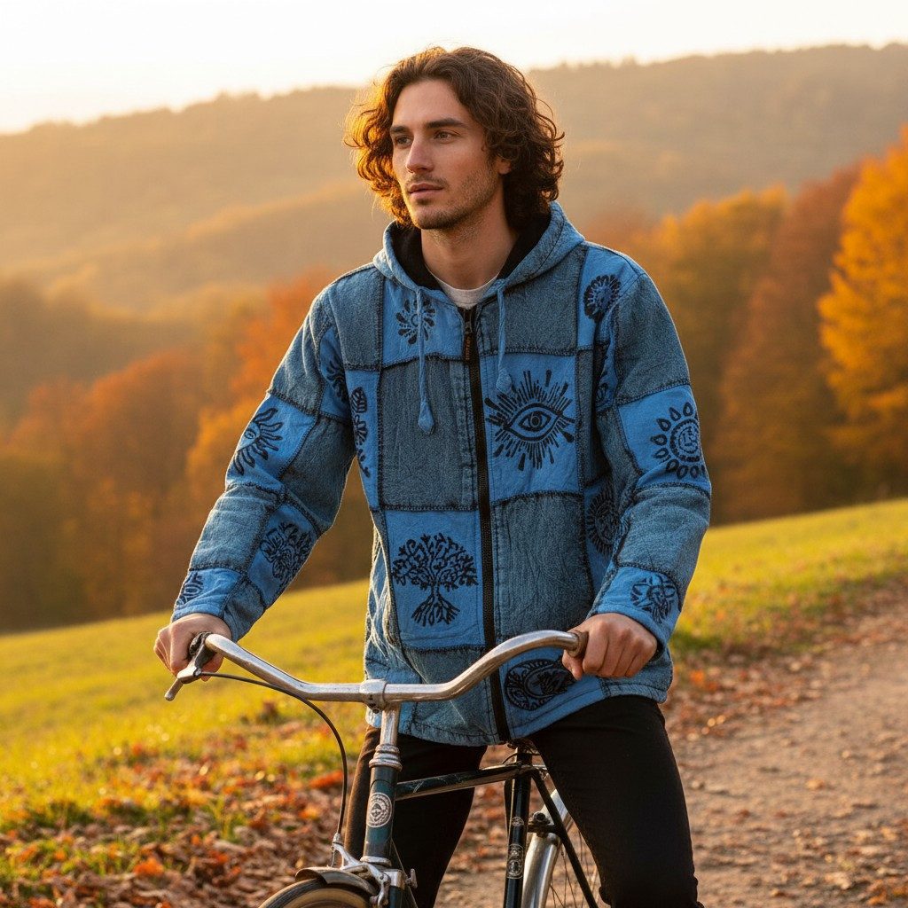 Guru-Shop Strickjacke Goa Jacke, Patchwork Sweatshirt Jacke - blau Hippie, Ethno Style, alternative Bekleidung