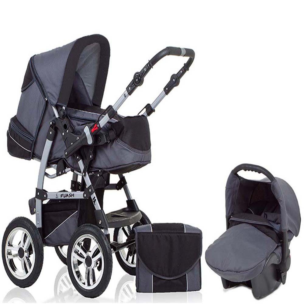 babies-on-wheels Kombi-Kinderwagen 3 in 1 Kinderwagen-Set Flash inkl. Autositz - 15 Teile - in 18 Farben Grau-Schwarz