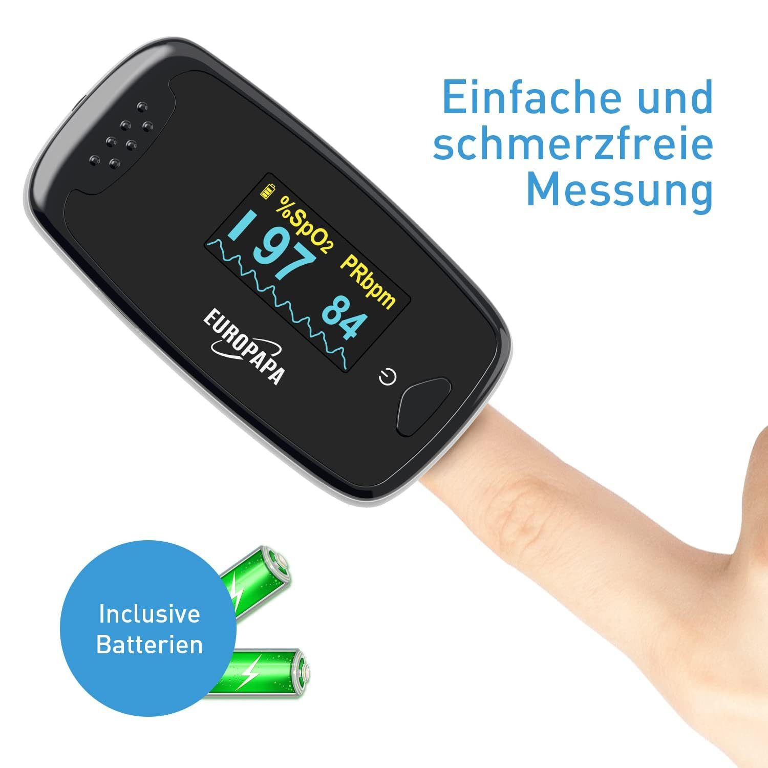 EUROPAPA Pulsoximeter Pulsoximeter,Fingerpulsoximeter, Oximeter ideal zur schnellen Messung der Sauerstoffsättigung (SpO2), facher Pulsmesser für Erwachsene–OLED Anzeige