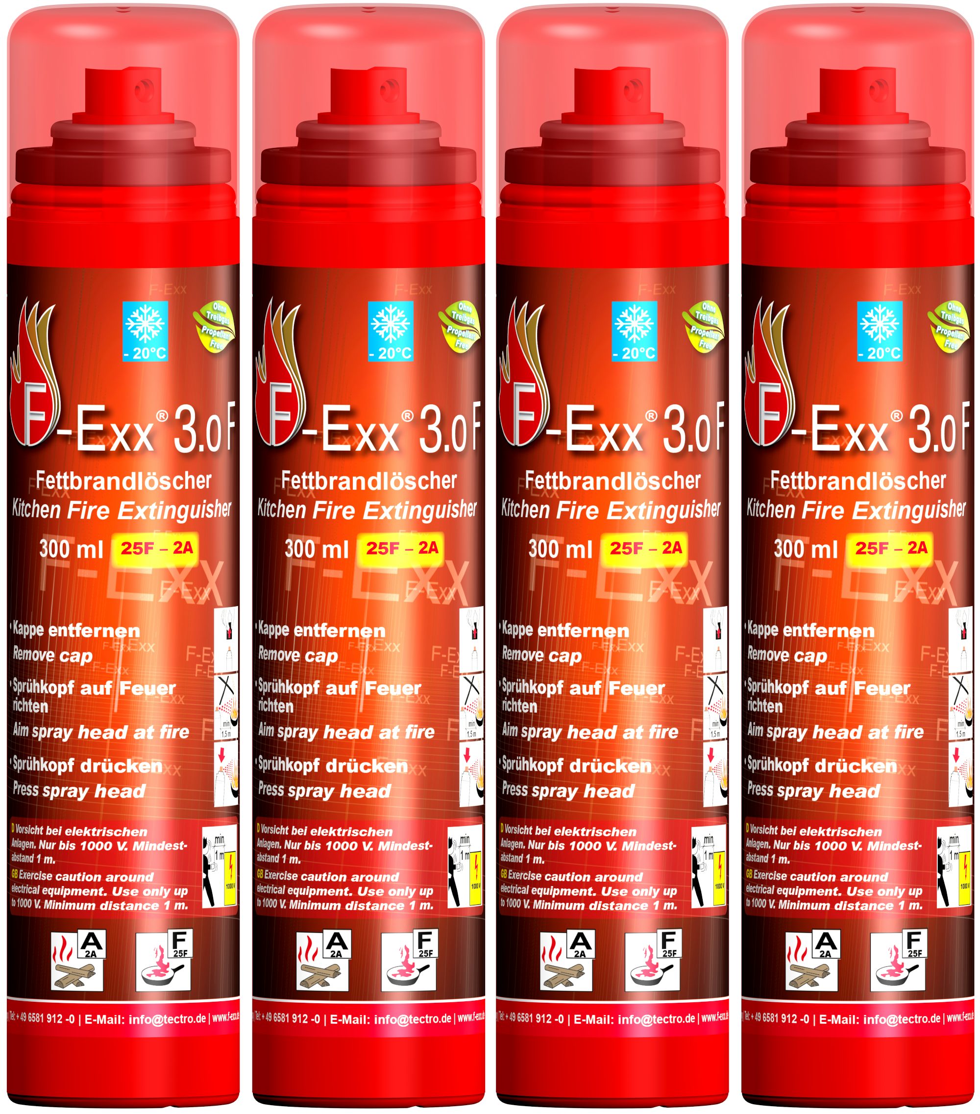 F-Exx Feuerlöschspray F-Exx® 3.0 F Kompakter Fett- und Festbrand-Feuerlöscher im 4er Pack, Elastomer-Kraftkörper (kein Treibgas), Flüssig-Hochleistungs-Fettlöschmittel auf Basis organischer Salze, (4-St) Treibgasfrei