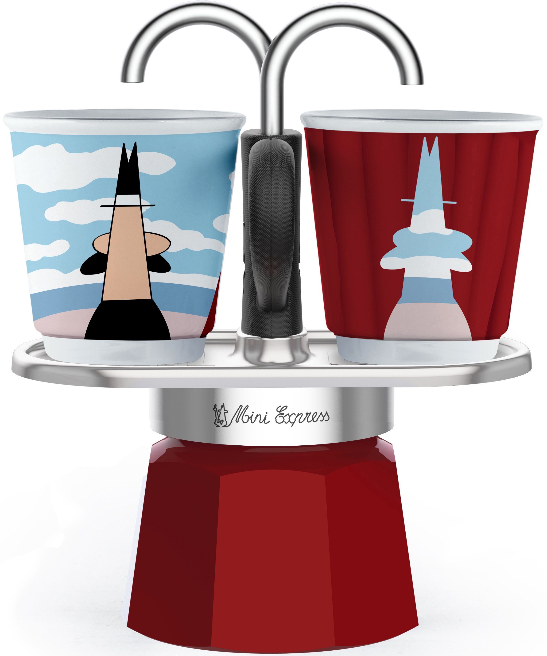 BIALETTI Espressokocher Mini Express Magritte, 0,09l Kaffeekanne, (1 Espressokocher + 2 Espressobecher, 90 ml)