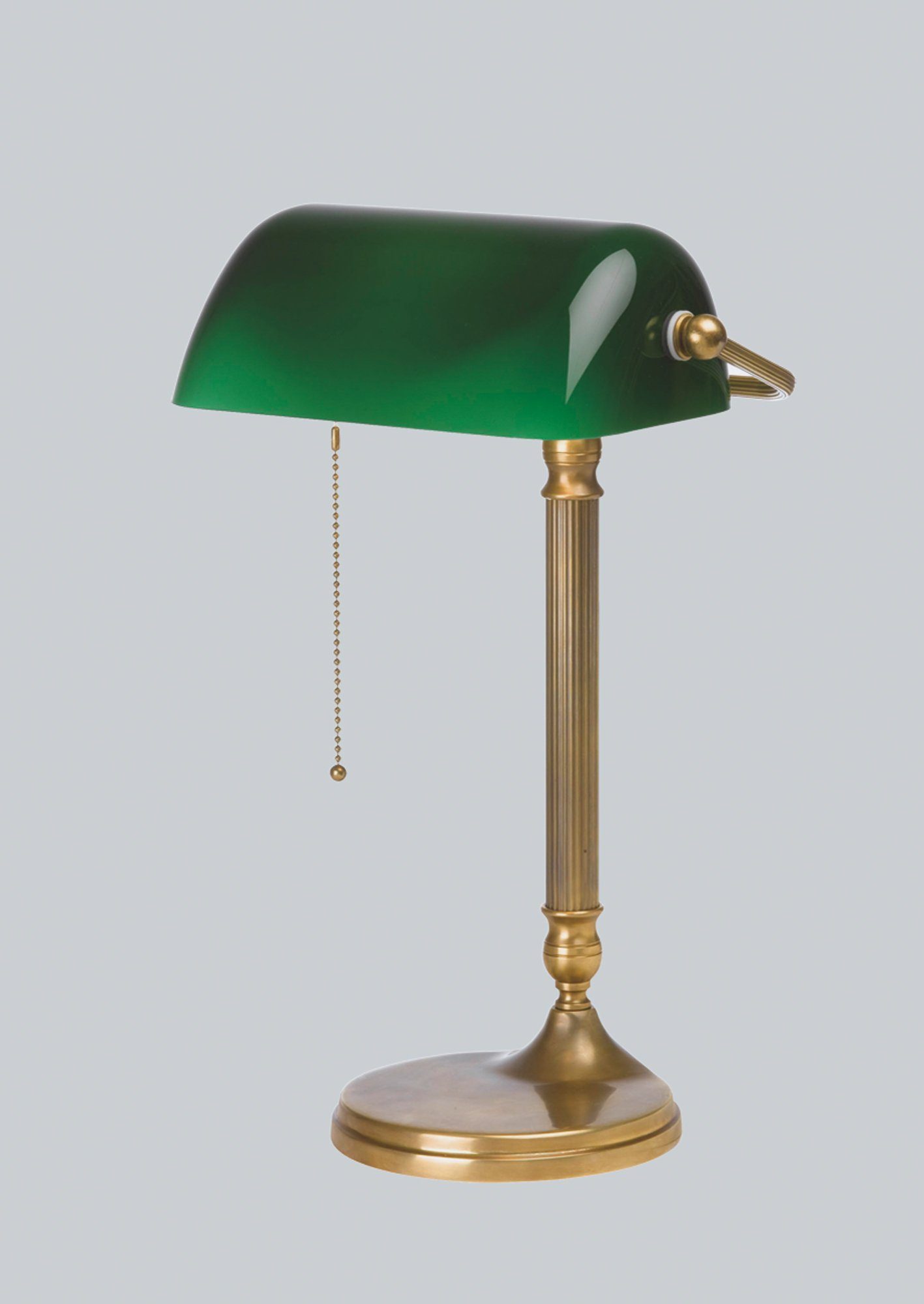 Licht-Erlebnisse Schreibtischlampe W7, ohne Leuchtmittel, Bankerlampe Grün E27 42 cm Zugschalter Messing Glas Jugendstil