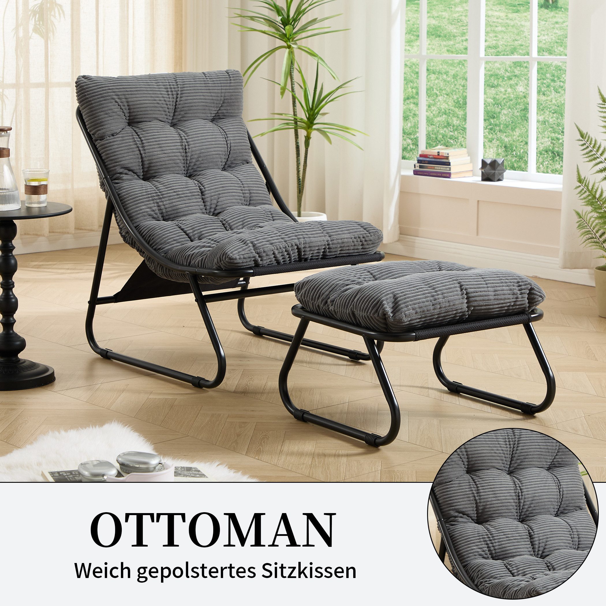 SeedWave Loungesessel mit Ottoman Liegestuhl Stahlgestell Gartenstuhl mit Trennbaren Pölster (bestehend aus Sessel und Hocker), Outdoor Terrassenstuhl für Garte – Bild 5 von 5