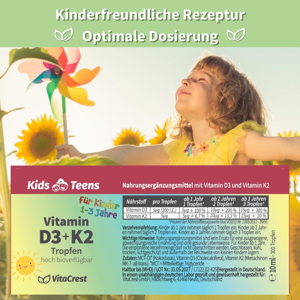 VitaCrest Vitamin D3 + K2 für Kinder ab 1 Jahr – geschmacksneutrale Tropfen, 10 ml, Laktosefrei, Glutenfrei