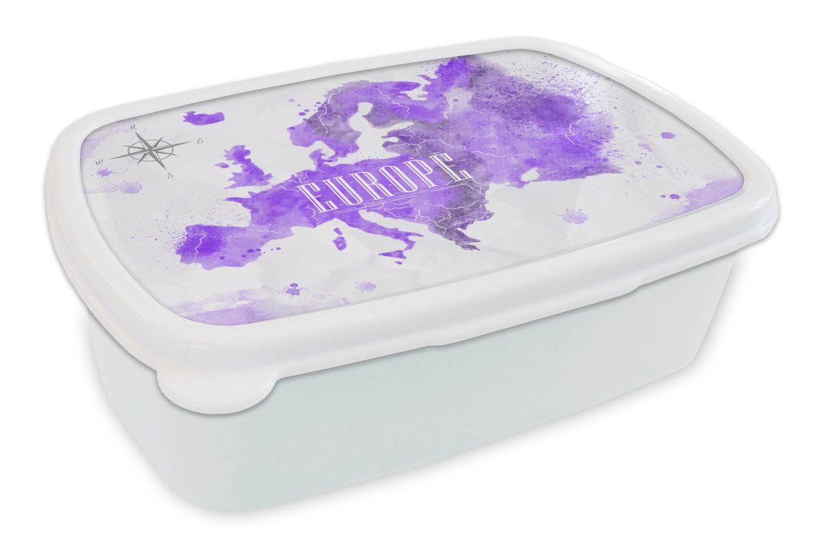 MuchoWow Lunchbox Europa - Weltkarte - Farbe, Kunststoff, (2-tlg), Brotbox für Kinder und Erwachsene, Brotdose, für Jungs und Mädchen weiß