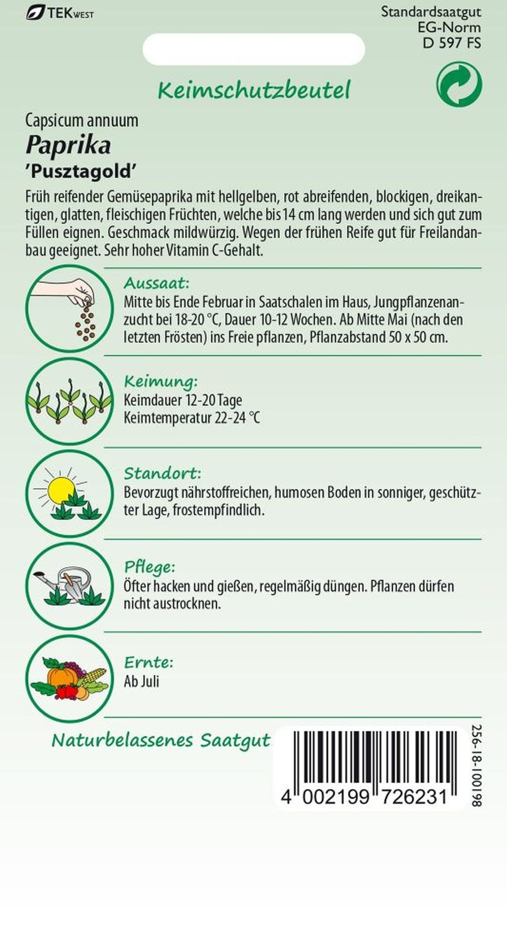 SAMEN PFANN Gemüsesamen Paprika, Pusztagold - Paprika-Samen Saatgut Samen, Capsicum annuum