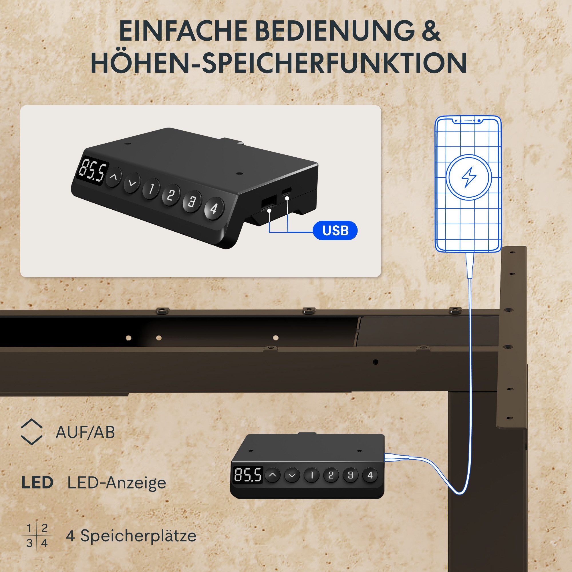FLEXISPOT Schreibtisch Elektrisch höhenverstellbares Tischgestell (EC5 Serie) (Dual-Motor & 3-Fach-Teleskop & 4 Speicherhöhen, mit USB Charging), Antikollisions – Bild 4 von 5