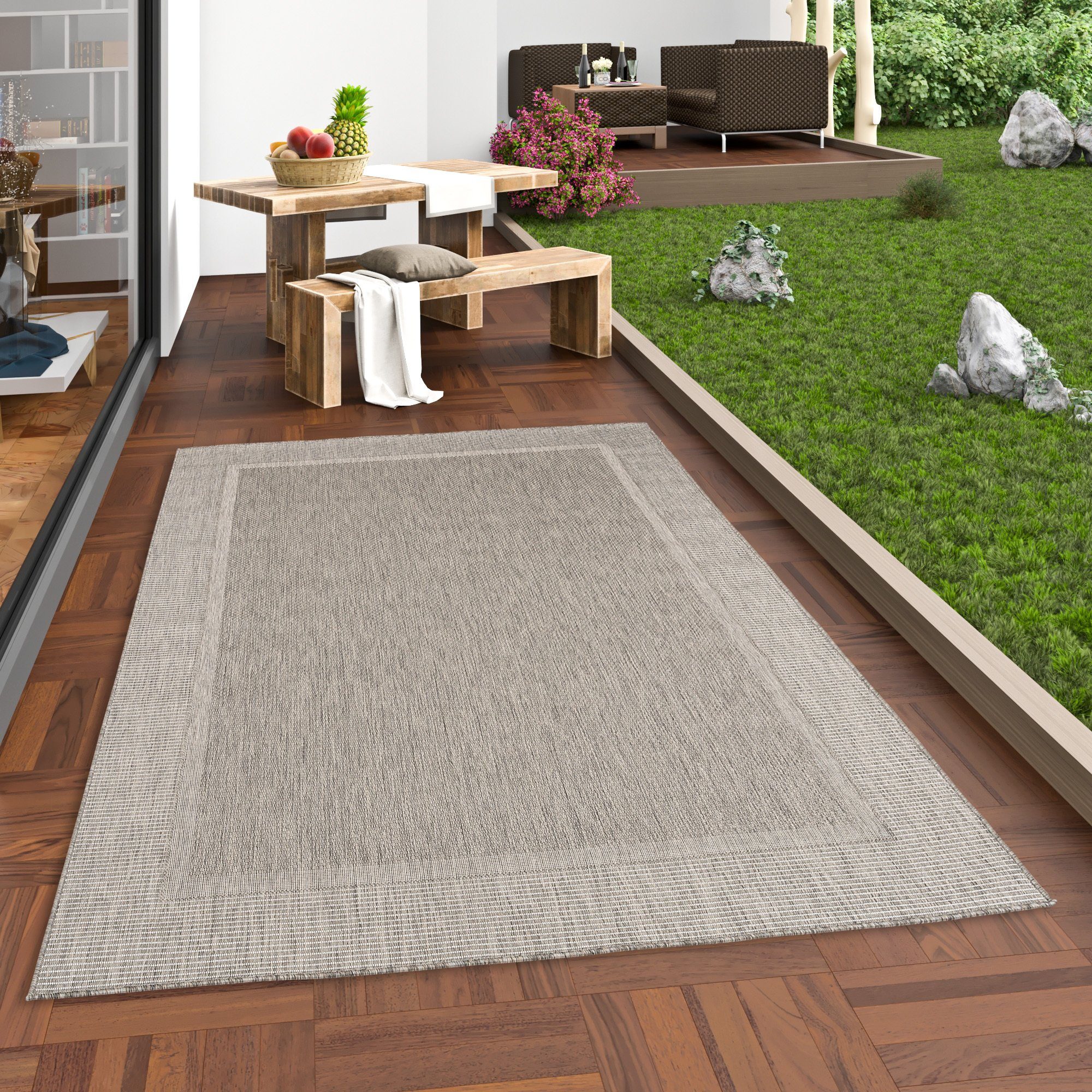 Pergamon Outdoorteppich In & Outdoor Teppich Natur Valencia Bordüre, Rechteckig, Höhe: 4 mm