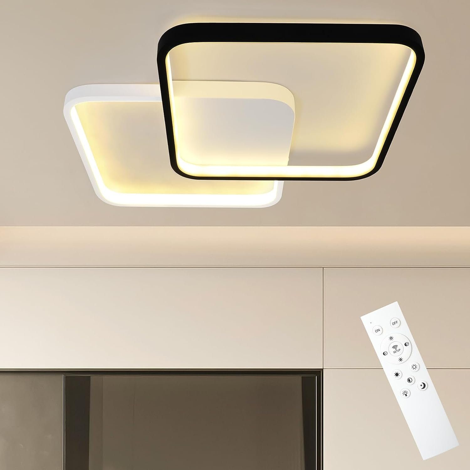 ZMH LED Deckenleuchte Dimmbar Deckenlampe Wohnzimmer mit 2 Rund Ring/Quradratisch, Augenschutz, LED fest integriert, Tageslichtweiß, 2800lm, 55W