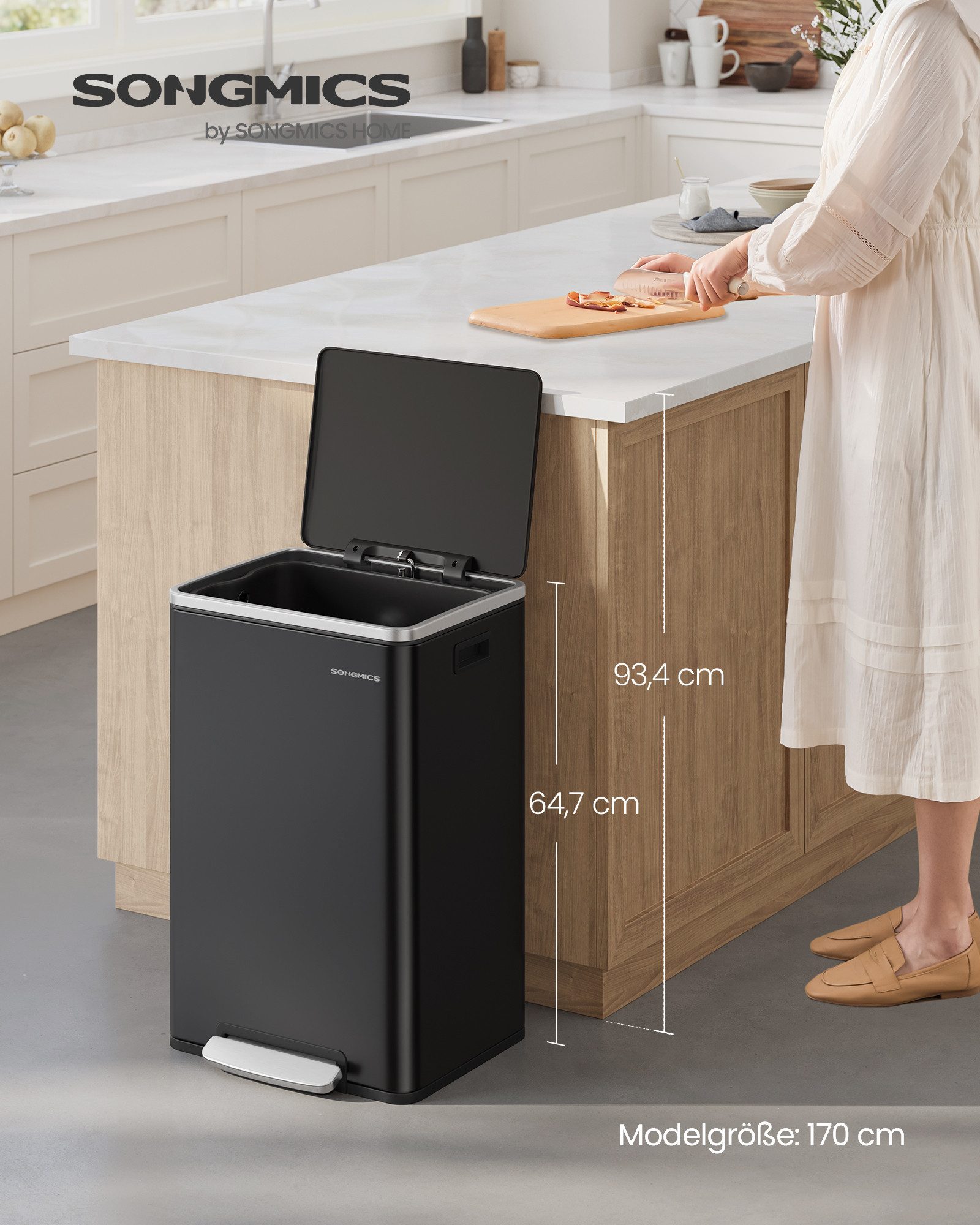 SONGMICS Mülleimer mit sanfter Deckelschließung, 50 L, herausnehmbarer Inneneimer aus Kunststoff, mit Deckel, Griffe – Bild 2 von 5