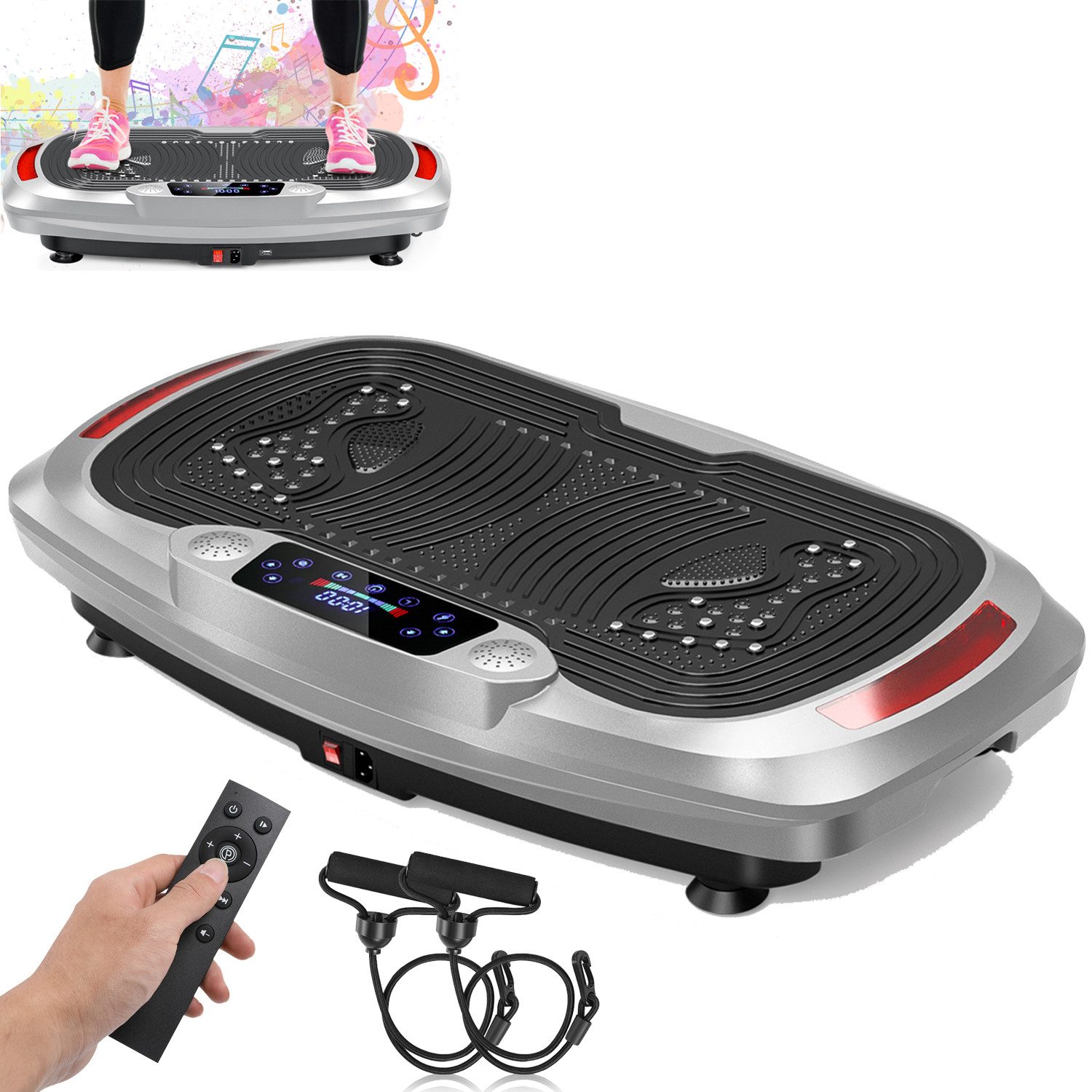oyajia Vibrationsplatte 4D Vibrationsplatte, Leistungsstark mit 3 Leisen Motoren, Bluetooth, 300 W, 120 Intensitätsstufen, (Einfache Bedienung, Magnetfeld-Massage & Ultra Komfort, 5 Programme), Vibration + Oszillation in einem Gerät für effektives Heimtraining