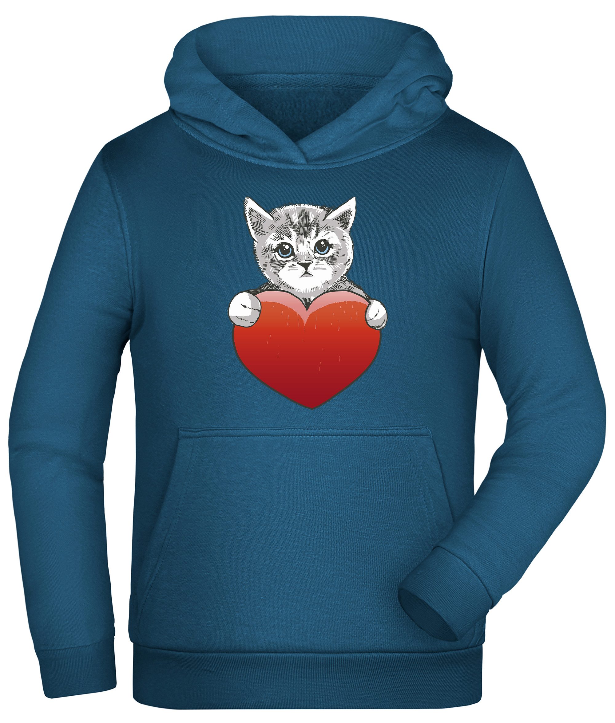MyDesign24 Hoodie Kinder Kapuzen Sweatshirt - Katzen Hoodie mit rotem Herz Kapuzensweater mit Aufdruck i120