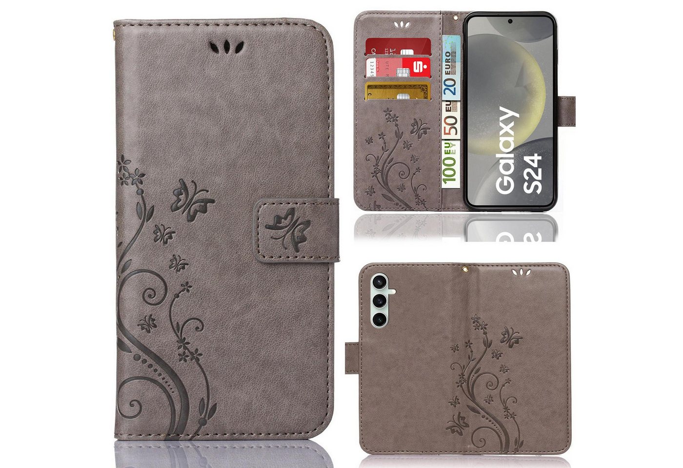 Numerva Handyhülle Bookstyle Flower für Samsung Galaxy S24, Handy Tasche Schutzhülle Klapphülle Flip Cover mit Blumenmuster