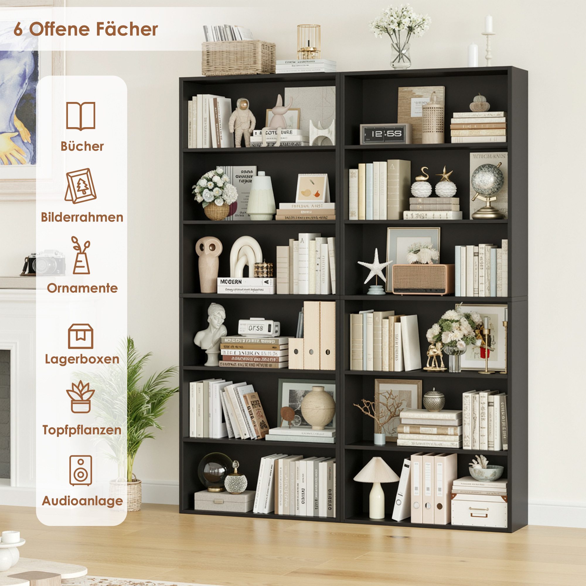 Homfa Bücherregal, 180cm Standregal Büroregal Raumteiler mit 6 Fächern Schwarz