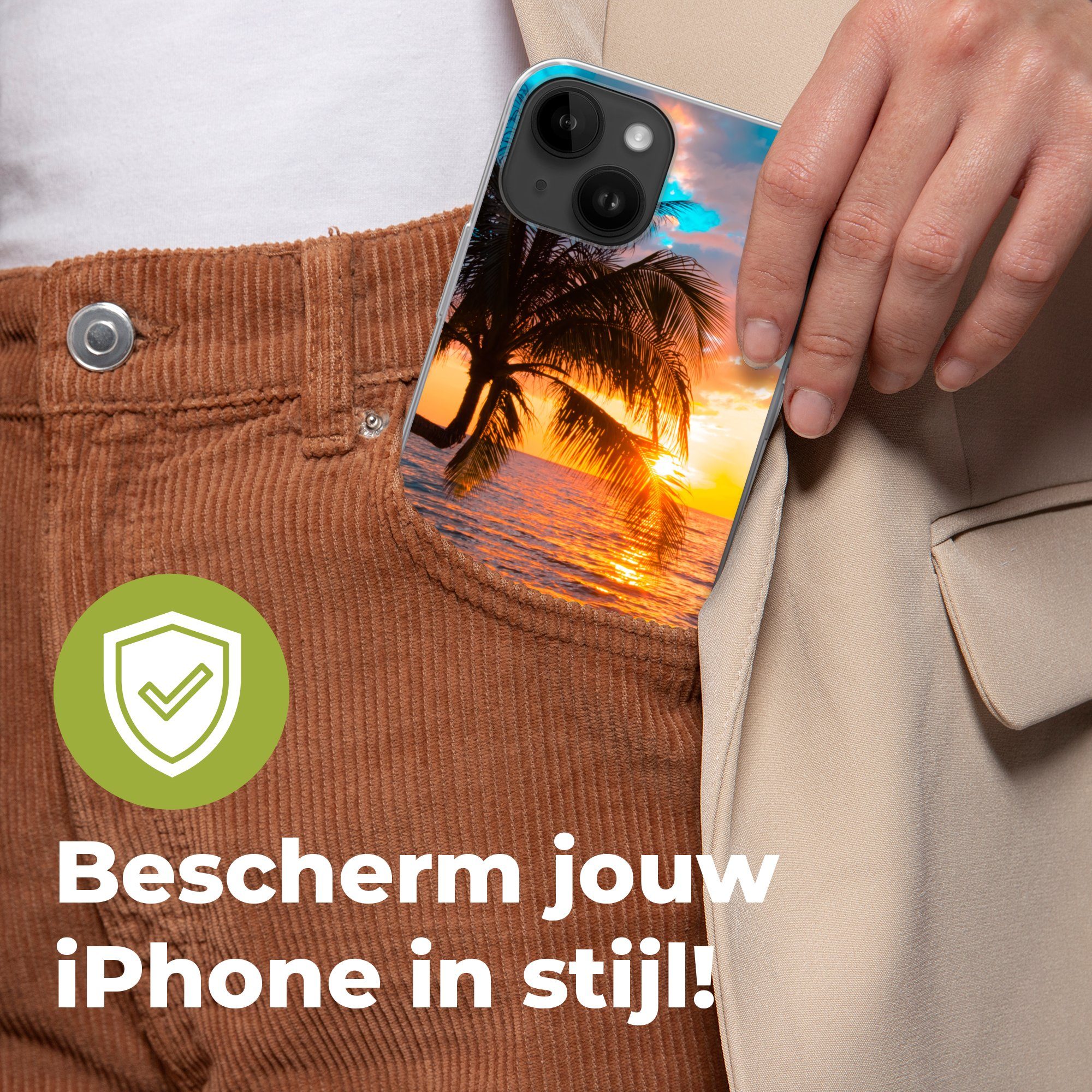 MuchoWow Handyhülle für Apple iPhone 14 Palme - Sonnenuntergang - Horizont - Strand - Meer, Smartphone-Bumper, Print, Handy Schutzhülle Dünn