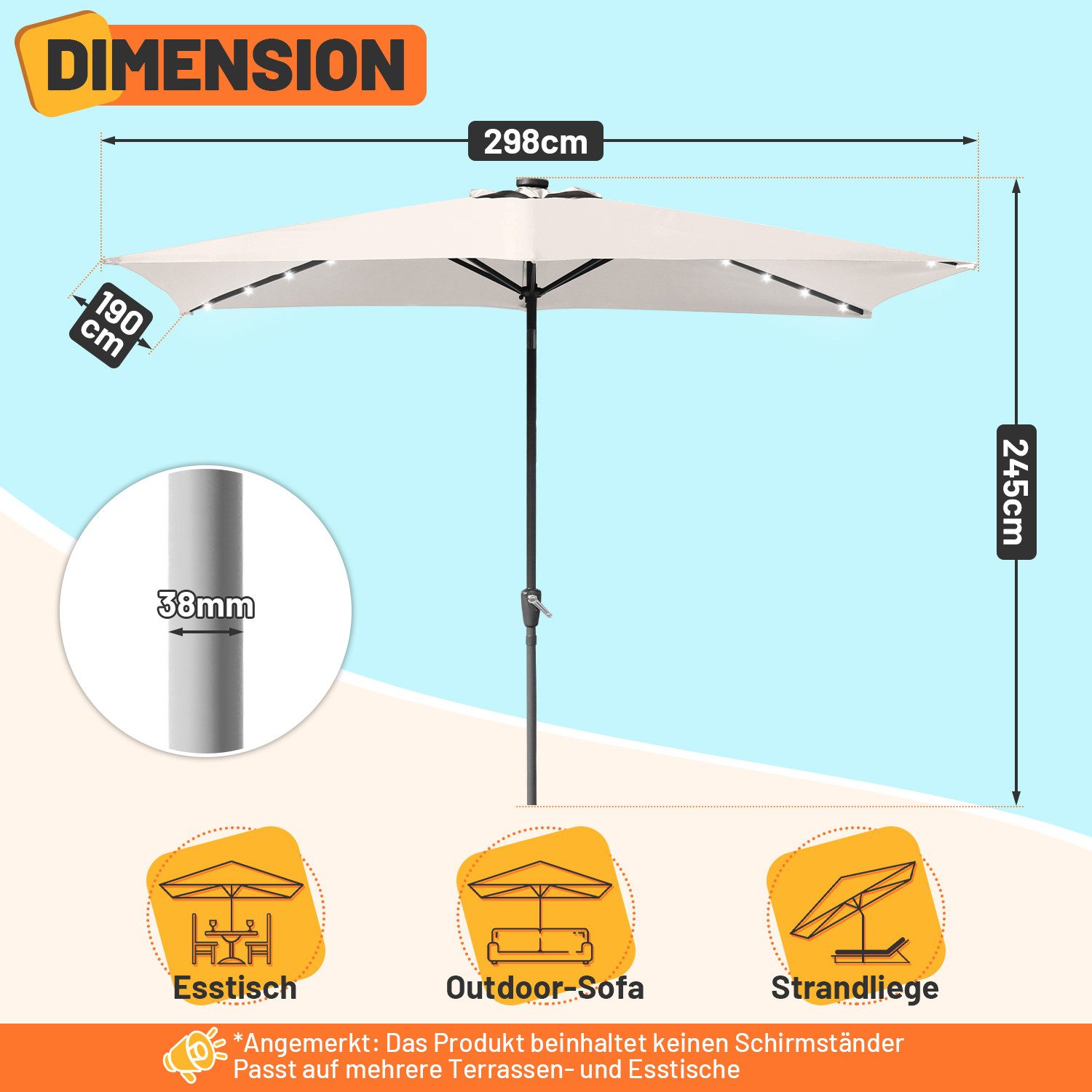 Clanmacy Sonnenschirm Rechteckig LED Solar Gartenschirm günstig online kaufen