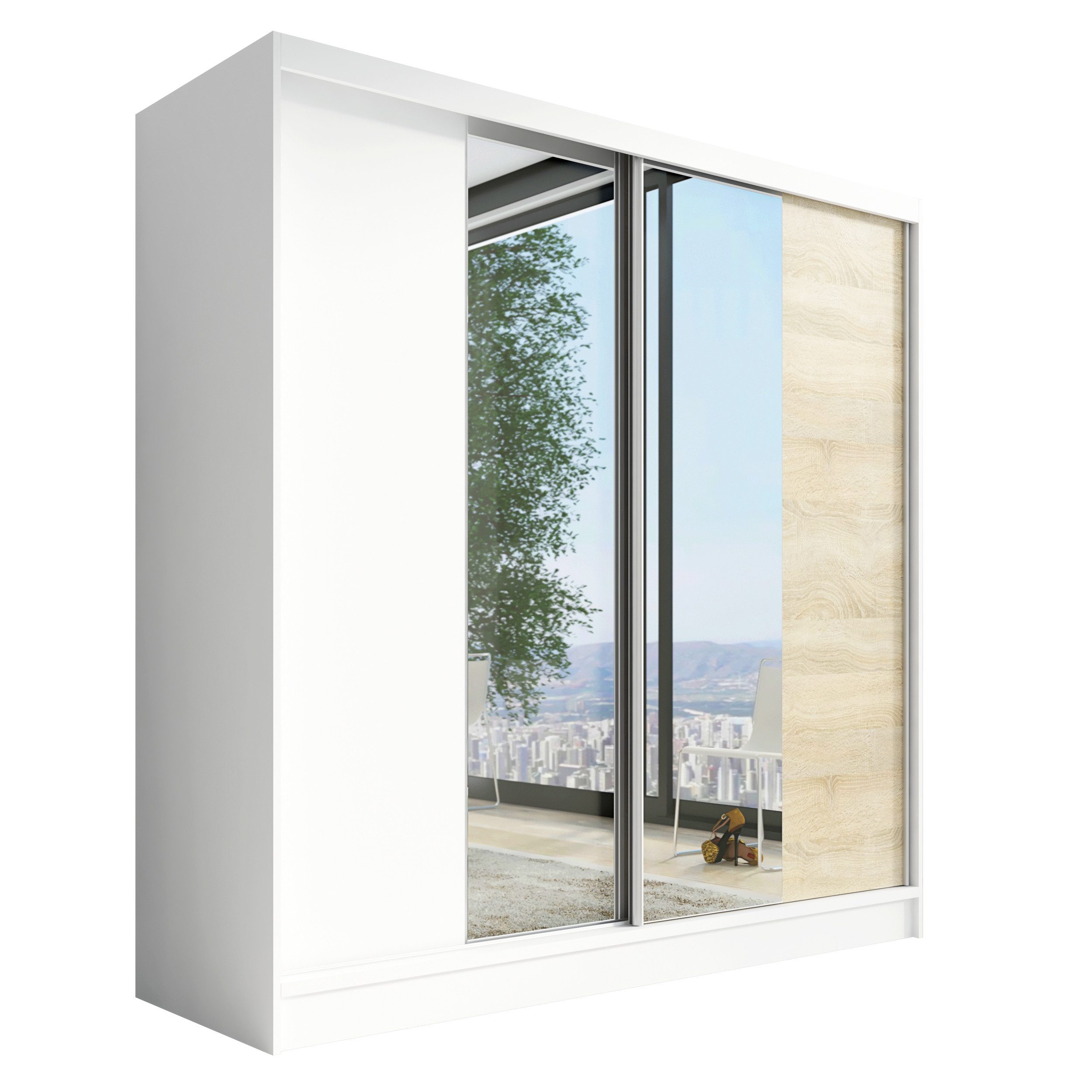 A&J MöbelLand GmbH Schiebetürenschrank DUO mit Spiegel (TOP ANGEBOT! Geräumiger Schrank mit einer Breite von 200 cm und Spiegel, ideal zur Aufbewahrung von Kleidung und Accessoires. 3 Schubladen und viel Stauraum. TOP PRODUKT! Wählen Sie das ideale Modell für Ihr Schlafzimmer!, Inclusive 3 Schubladen) Breite: 200 cm, Höhe: 215 cm, Tiefe: 59,5 cm