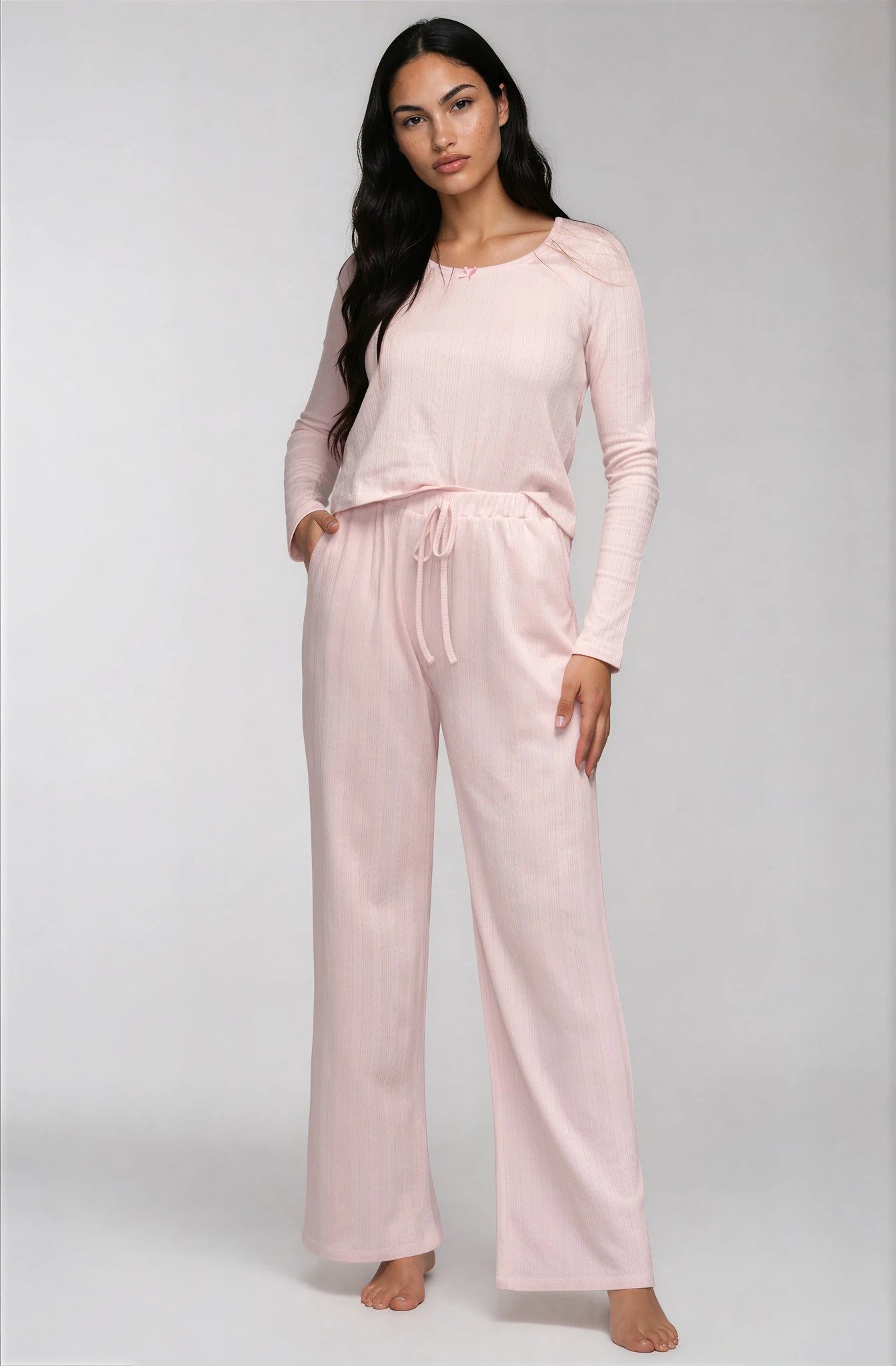 Mademoiselle Sommeil Pyjama Damen Schlafanzug aus Rosé Pointelle-Strick 100% Baumwolle, Langarm, weich & atmungsaktiv, gefertigt in Polen