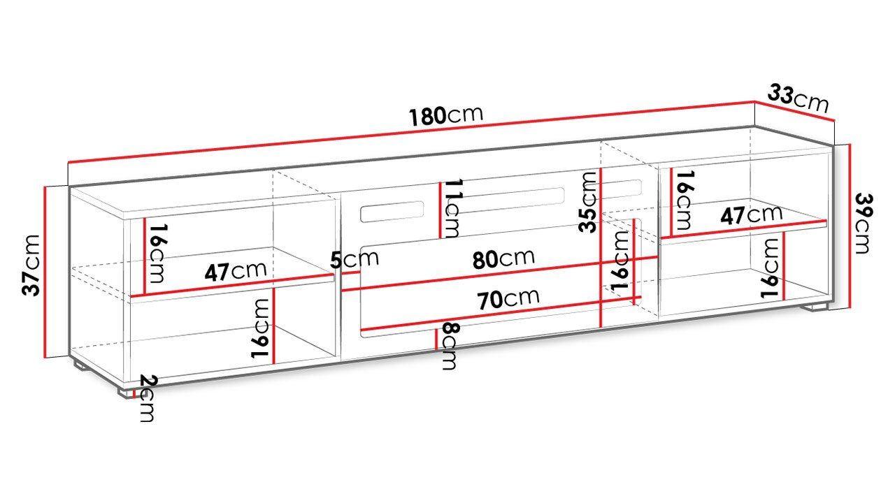 Kamin) TV-Schrank 180x33x39 Weiß + Glas, Gehärtetes Schwarz cm Elektrische LED-Flamme, Mirjan24 Realistische Hochglanz 180 Schwarz Polo (mit /