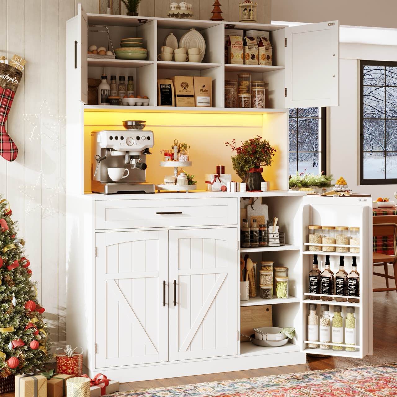 Küchenbuffet mit LED-Beleuchtung, Steckdose, Schubladen und Türen in Landhausstil